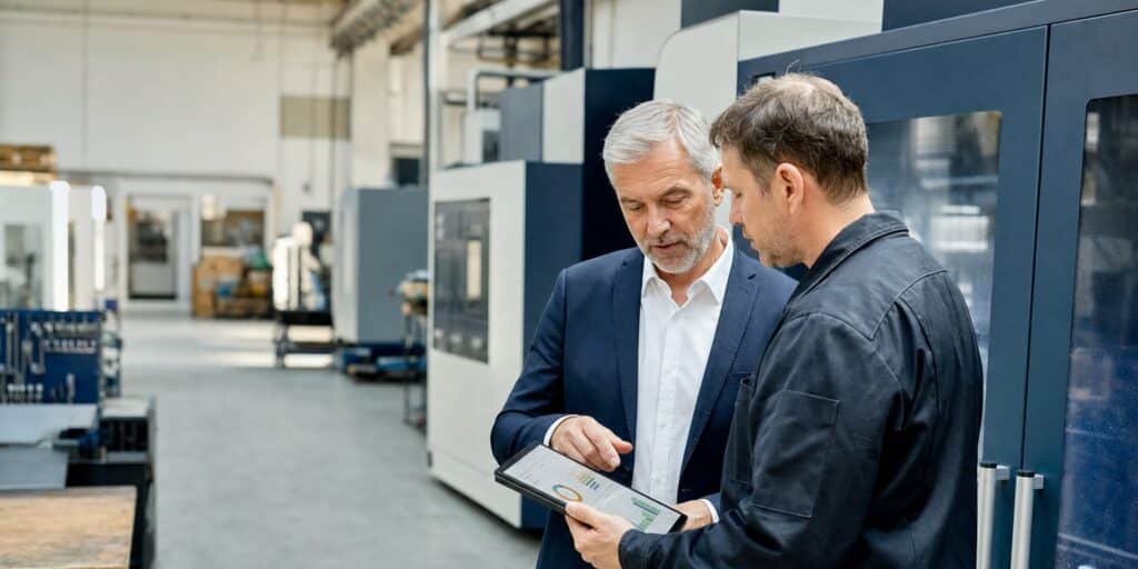 Geschäftsführer und Fertigungsleiter prüfen in der Produktionshalle gemeinsam Kennzahlen auf einem Tablet